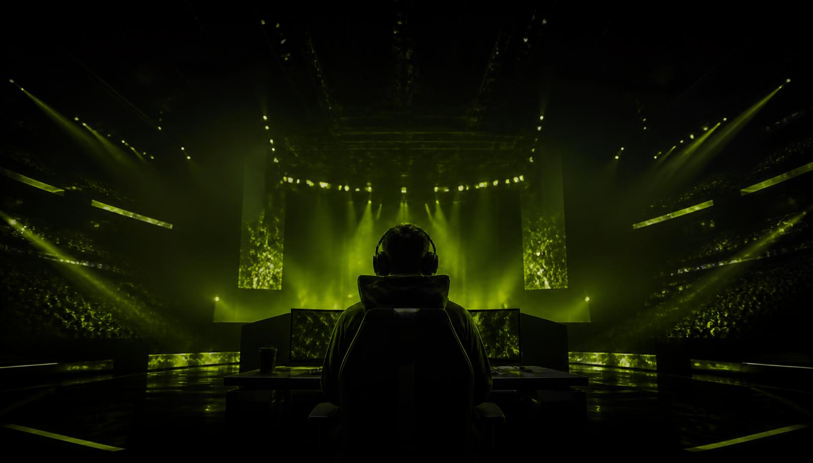 Jogador competindo em palco de arena de esports