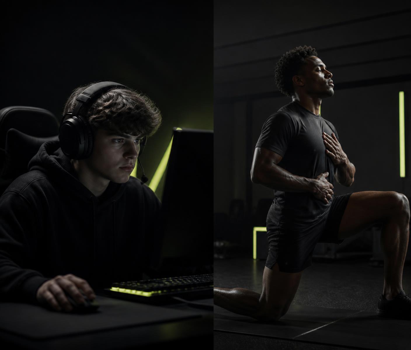 Jogador em competição e atleta em treinamento de respiração e mobilidade